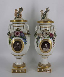 Rare Pair Of Royal Danish Porcelain Lidded Urns.