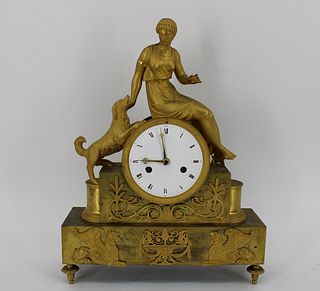 Antique Gilt Bronze Figural Clock with Dog