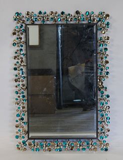 Vintage Patinated Metal Mirror With Colored Glass