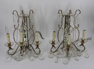 A Vintage Pair Of Mirror Back Beaded Sconces.
