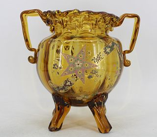 Large, Possibly Moser Enamel Decorated Amber Glass