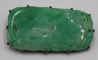 JEWELRY. Silver Mounted Carved Jade Brooch.