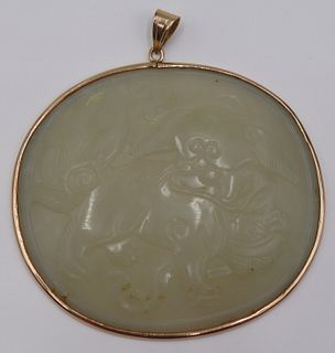 JEWELRY. 14kt Gold Mounted Jade Pendant of a Foo