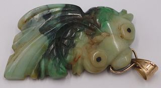 JEWELRY. 14kt Gold Mounted Carved Jade Koi Fish.