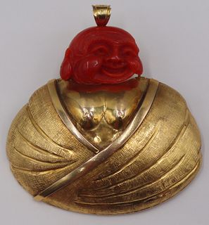 JEWELRY. 14kt Gold and Red Coral Buddha Pendant.