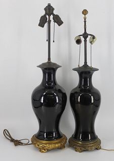 (2) Asian Black Baluster Vases Mounted as Lamps.