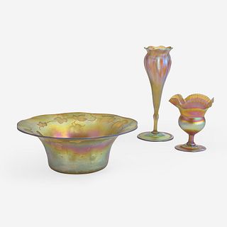 Tiffany Studios (American, active 1878-1933) Two Floriform Vases and Engraved Bowl, New York, circa 1900
