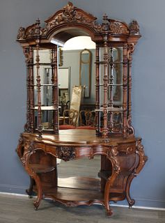 Victorian Finely Carved Mirror Back Etagere.