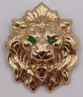 JEWELRY. 14kt Gold & Emerald Lion's Head Pendant.