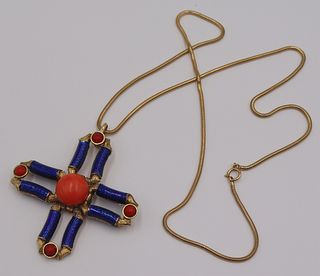 JEWELRY. Oversized 14kt Gold, Coral and Enamel
