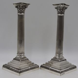 SILVER. Pair of English Silver Column Candlesticks