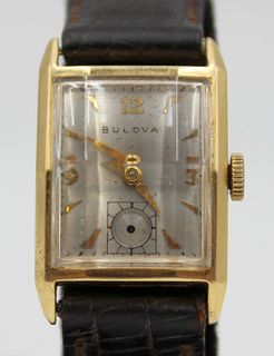 JEWELRY. Men's Bulova 14kt Gold Convex Watch.
