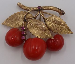 JEWELRY. 14kt Gold, Carved Coral, and Colored Gem