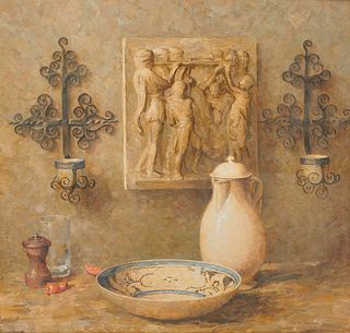 DINES CARLSEN, (American, 1901-1966), Florentine Plaque, oil on masonite, 24 x 25 in., frame: 31 1/4 x 32 1/4 in.
