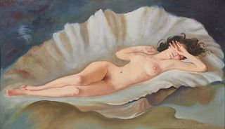 MARIA SZANTHO, (Hungarian, 1897-1998), Reclining Nude, oil on board, 25 5/8 x 52 7/8 in., frame: 33 x 55 1/4