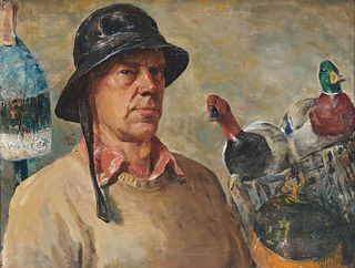 ANDREW GEORGE WINTER, (American, 1893-1958), Self Portrait with Decoys, oil on canvas, 22 x 28 in., frame: 26 1/2 x 32 1/2 in.
