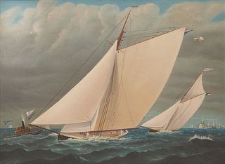 After WILLIAM FORMBY HALSALL, (American, 1841-1919), The Finish (America's Cup Race), oil on canvas, 20 x 27 in., frame: 25 1/2 x 32 1/2 in.
