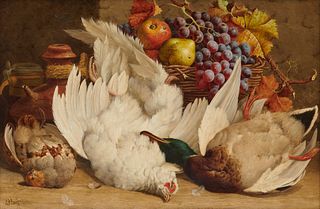 WILLIAM HUGHES, (English, 1842-1901), Still Life with Poultry and Fruit, 1865, oil on canvas, 20 x 30 in., frame: 24 x 34 in.