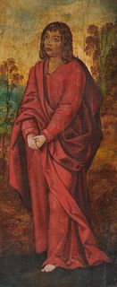 Attributed to ALBERT BOUTUS, (Dutch, 1455-1549), Saint in a Landscape, oil on panel, 16 1/4 x 6 3/8 in.
