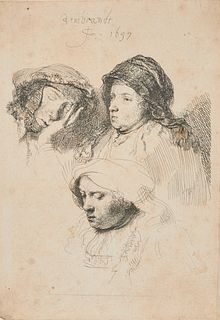 REMBRANDT VAN RIJN, (Dutch, 1606-1669), Three Heads of Women, One Asleep, etching, sheet: 5 1/2 x 3 7/8 in., frame: 12 1/2 x 9 3/4 in.