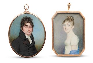 GEORGE LETHBRIDGE SAUNDERS, (British/American, 1807-1863), Two Portrait Miniatures, watercolor, the lady: 2 5/8 x 1 7/8 in., the gentleman: 2 5/8 x 2 