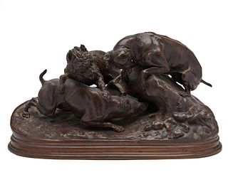 After PIERRE JULES MÈNE, (French, 1810-1879), Chasse au lapin, or Three Terriers Burrowing, bronze, height, including base: 7 3/4 in.
