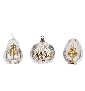 Three STEUBEN Glass and Yellow Gold or Silver Christmas Ornaments