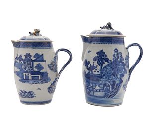 Two Chinese Canton Blue and White Covered Cider Jugs the tallest: height: 11 in., the shortest: 10 in.