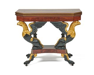 Classical Carved Gilt and Ebonized Mahogany Brass Mounted Lift Top Games Table