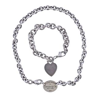 Tiffany & Co Silver Heart Tag Necklace Bracelet Lot 2pc