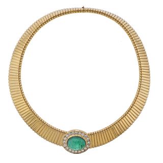 18k Gold Emerald Diamond Tubogas Necklace