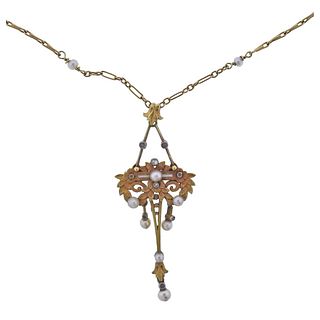 Art Nouveau 18k Gold Pearl Lavalier Necklace