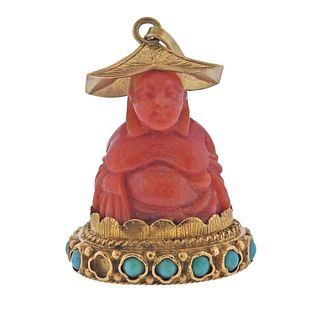 18k Gold Carved Coral Buddha Turquoise Pendant