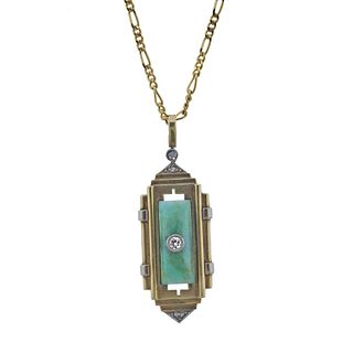 Art Deco 14k Gold Jade Diamond Pendant Necklace