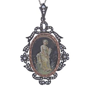 Antique Silver Pearl Miniature Portrait Pendant Gold Necklace
