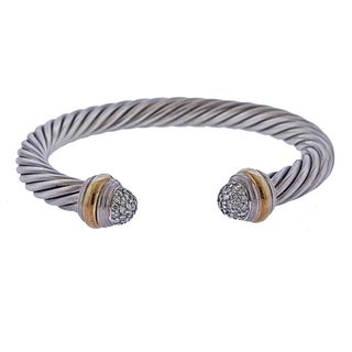 David Yurman 18k Gold Silver Diamond Cable Bracelet