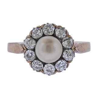 Antique 18k Gold Old Mine Diamond Pearl Ring