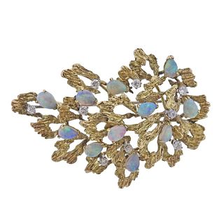 1970s 14K Gold Diamond Opal Brooch Pin