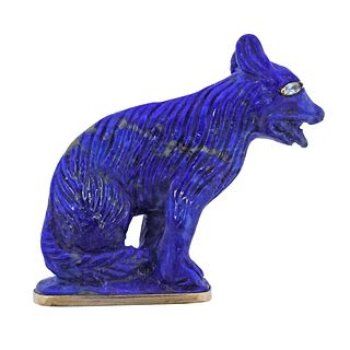 14k Gold Carved Lapis Wolf Brooch Pin