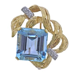 18k Gold 40ct Quartz Diamond Brooch Pin