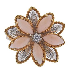 1960s 14k Gold Coral Diamond Flower Ring