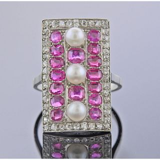Antique Platinum Diamond Ruby Pearl Ring