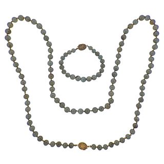 14k Gold Nephrite Bead Necklace Bracelet Set