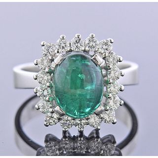 18k Gold Emerald Cabochon Diamond Ring
