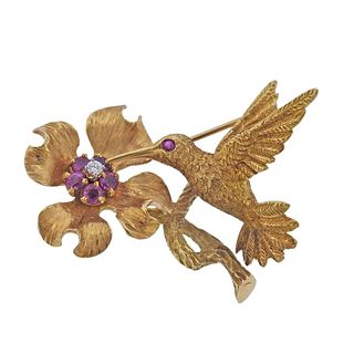 18k Gold Diamond Ruby Hummingbird Brooch Pin