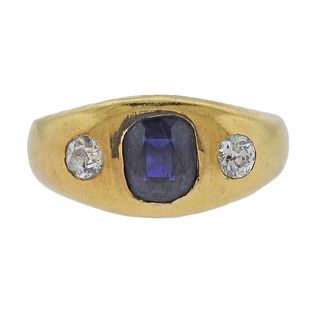 French 18k Gold Diamond Sapphire Gypsy Ring