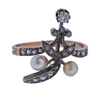 Antique Gold Silver Diamond Pearl Ring
