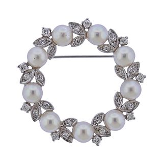 14k Gold Diamond Pearl Wreath Brooch Pin