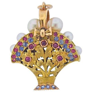 Italian Mid Century Gold Sapphire Ruby Pearl Bridal Charm Pendant