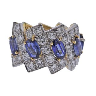 David Webb Gold Platinum Diamond Sapphire Ring